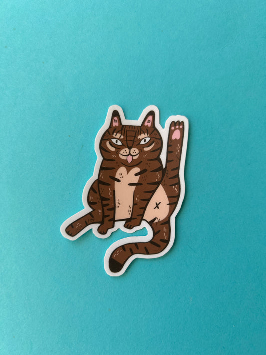 Tabby Cat Licking Vinyl Sticker