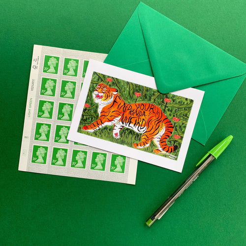 Tiger postcard - Find your weird - Postcard, Animal illustration, mini print, tiger painting print, Jungle cat - Fernandes Makes