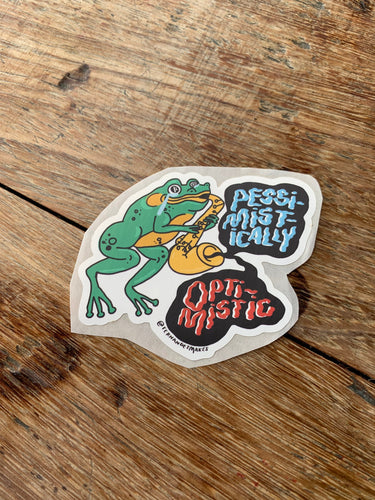 Pessimistically Optimistic saxophone frog Vinyl sticker - Laptop Decal, Lunchbox Sticker, Animal Illustration, Sad Frog Gift, iPad Sticker - Fernandes Makes