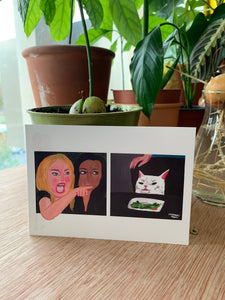 Yelling woman cat meme featuring smudge the cat postcard A6 mini art print - Fernandes Makes