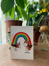 Dancing Corgi dogs under a Rainbow postcard A6 / mini print - Fernandes Makes