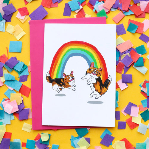 Happy Dancing Rainbow Dogs - Corgi A6 Greetings Card For Any Occasion, For Dog Lover's, Cute Animal Card, Rainbow Painting, Funny - Fernandes Makes