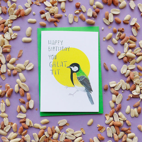 Happy Birthday Card - You Great Tit  - Bird Illustration Nature Card, Blank Inside For They, Him or Her, Funny Rude Greetings Card - Fernandes Makes