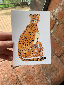 Family of cheetah’s, wild cat illustration - A6 postcard, Mini art print. Cheetah mom - Fernandes Makes