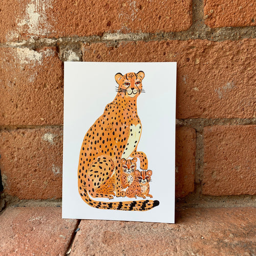 Family of cheetah’s, wild cat illustration - A6 postcard, Mini art print. Cheetah mom - Fernandes Makes
