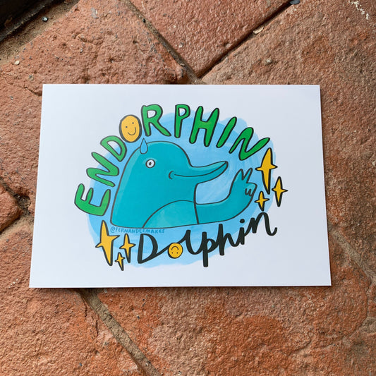 Endorphin Dolphin, wild mammal illustration, mildly motivational - A6 postcard, Mini art print - Fernandes Makes