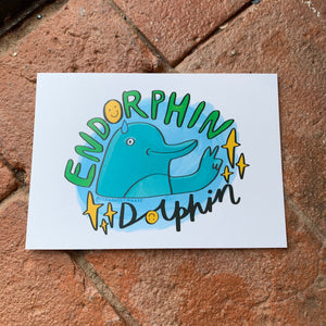 Endorphin Dolphin, wild mammal illustration, mildly motivational - A6 postcard, Mini art print - Fernandes Makes