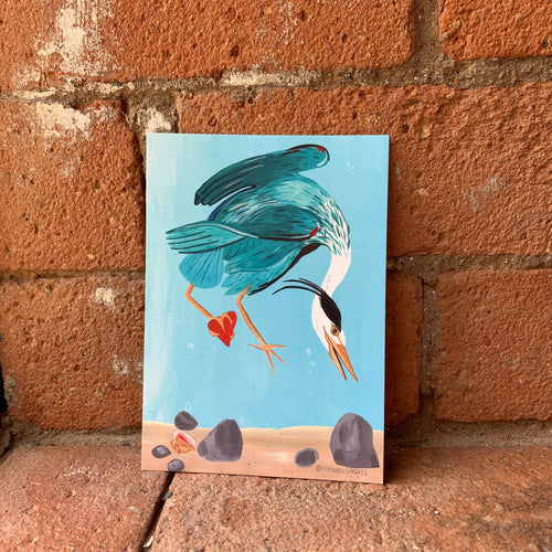 Diving Heron, wild bird illustration - A6 postcard, Mini art print - Fernandes Makes