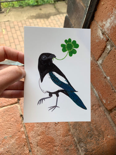 Lucky Magpie with four leaf clover, wild bird illustration - A6 postcard, Mini art print - Fernandes Makes