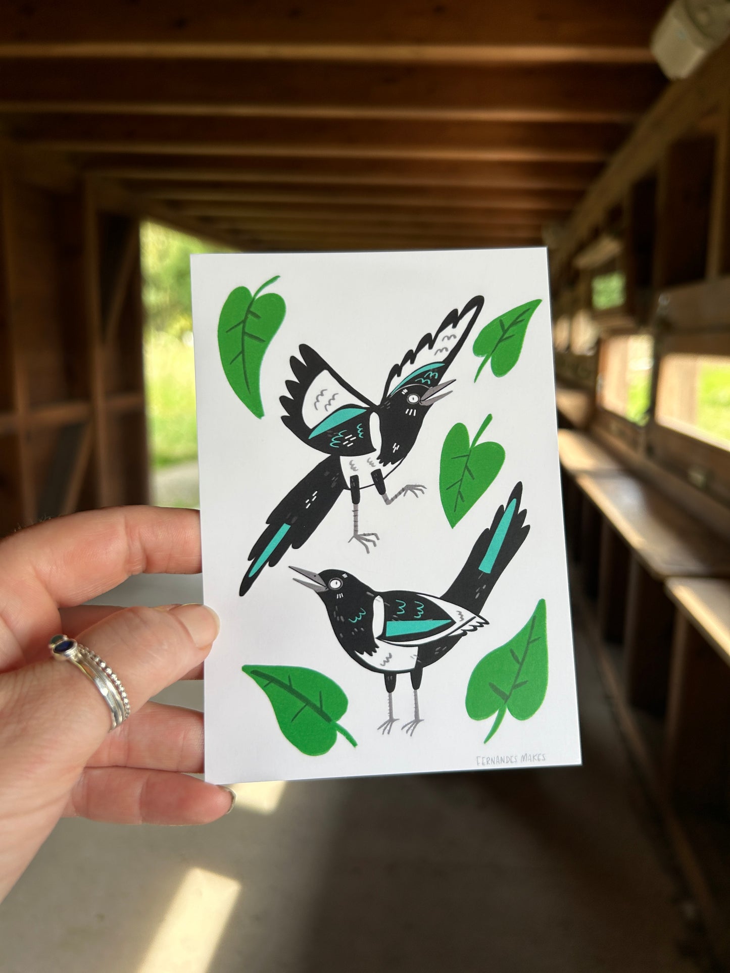 Two For Joy Leafy Magpies Postcard