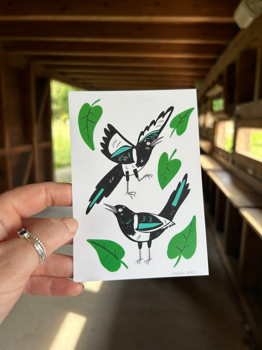 Two For Joy Leafy Magpies Postcard