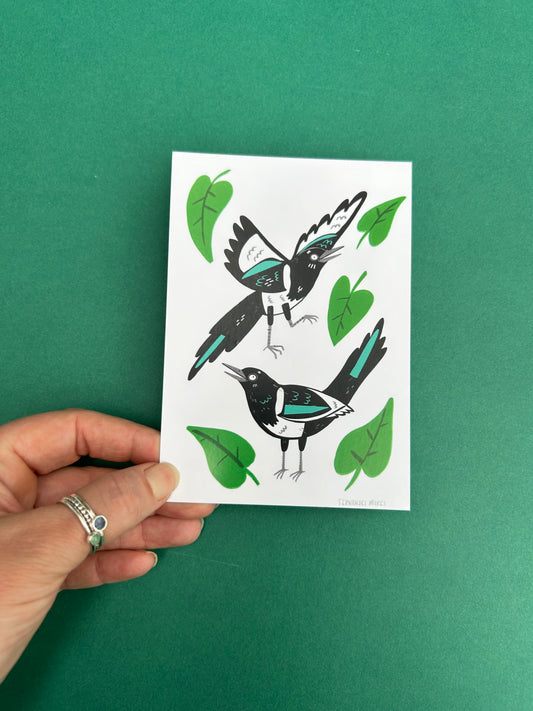 Two For Joy Leafy Magpies Postcard