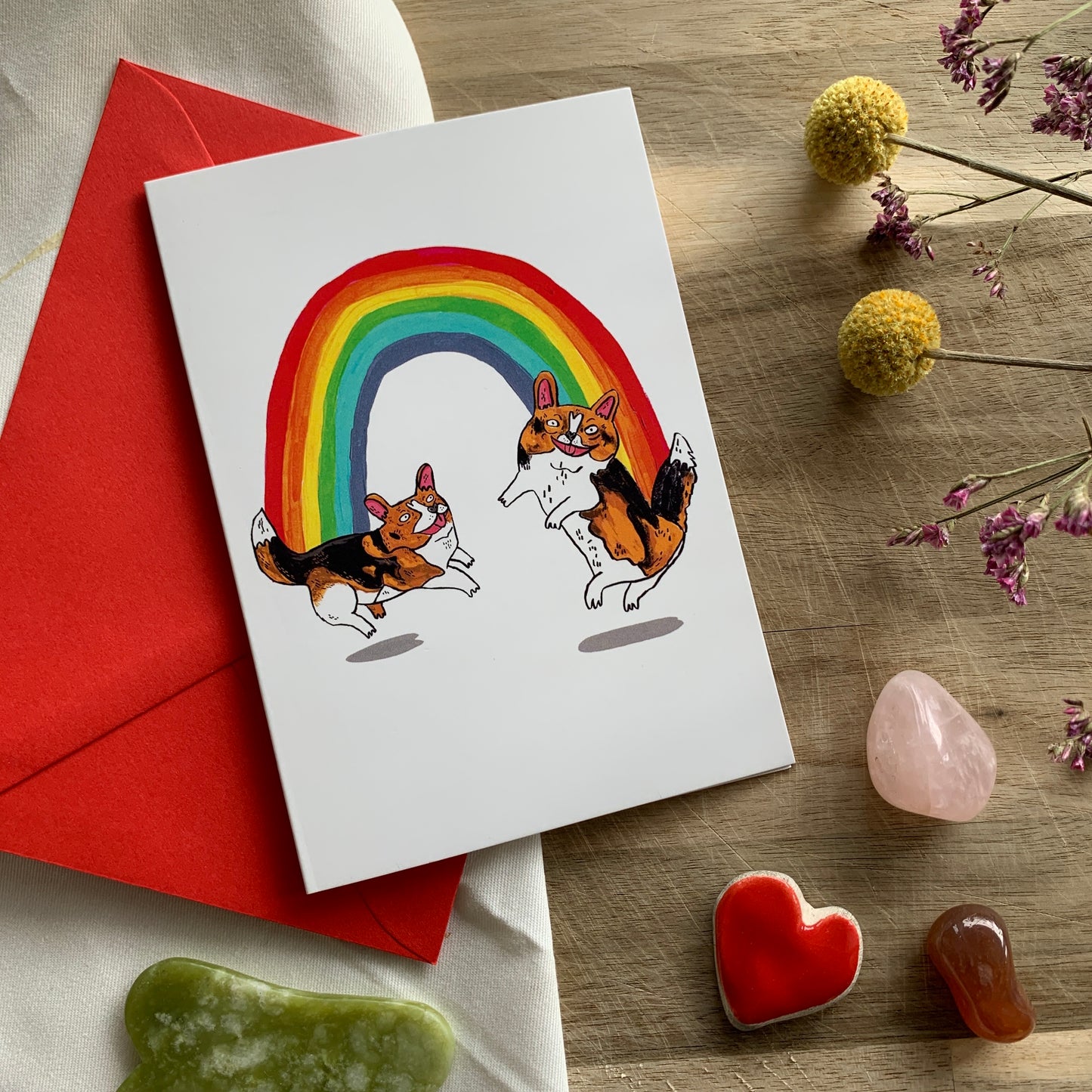 Happy Rainbow Corgi Dogs Greeting Card