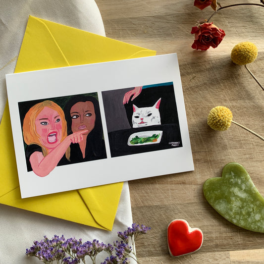 Yelling Woman and Angry Cat Meme Greeting Card