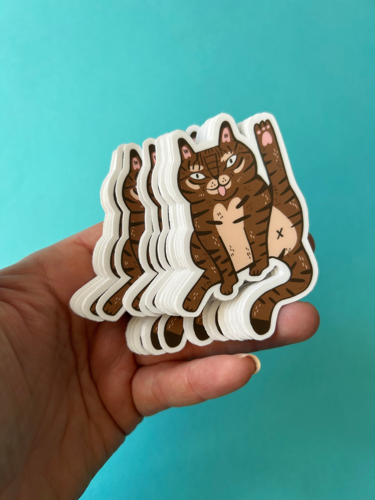 Tabby Cat Licking Vinyl Sticker