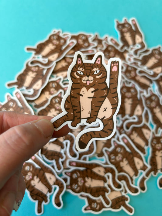 Tabby Cat Licking Vinyl Sticker
