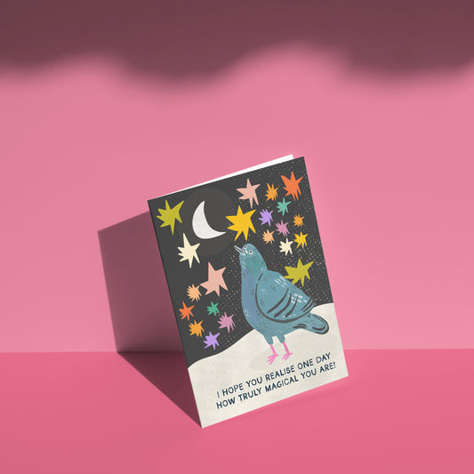 Truly Magical Pigeon + Stars greetings card