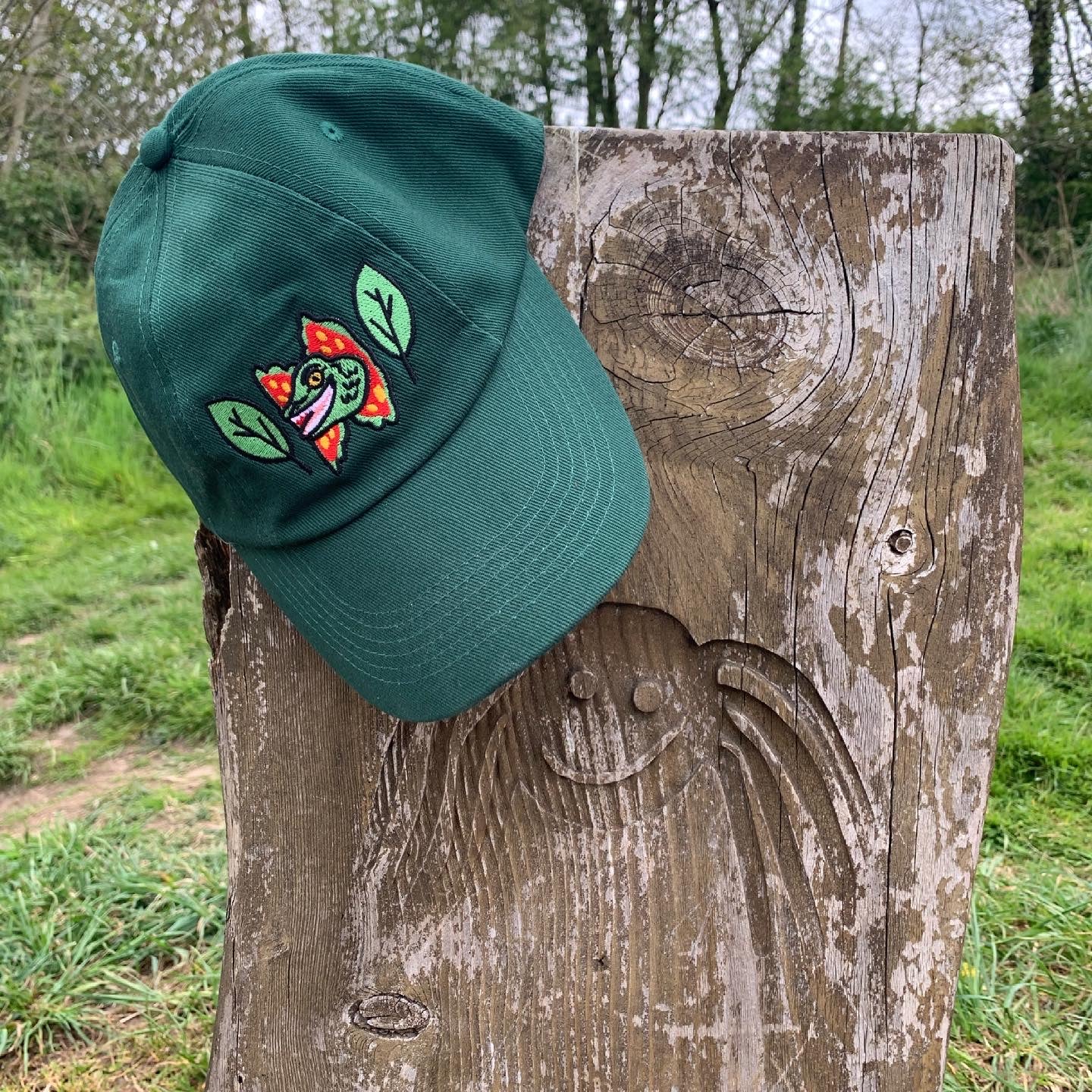 Dilophosaurus Dinosaur embroidered 100% heavy cotton Cap, Baseball Cap in forest Green - Fernandes Makes