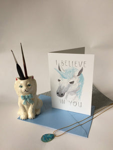 Unicorn Greetings Card - I Believe In You - Funny Visual Pun, Fantasy Animal, Blank Inside For Your Own Motivational Message, Magical Horse - Fernandes Makes