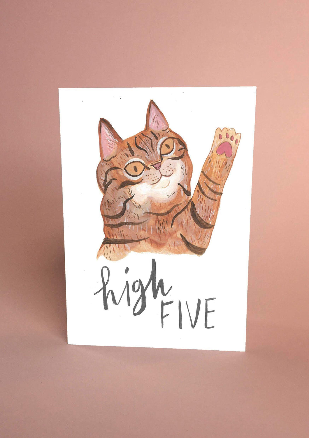 High Five Tabby Cat Greetings Card - Cute Cat Illustration, Congratulations Card, Well Done, Animal Card, Blank Inside, Small A6 Card - Fernandes Makes