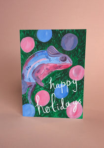 Happy Holidays Chameleon Card - Colourful Animal Painting, Natured-Themed Greetings Card, Blank Inside, Holiday Card, Festive, Christmas - Fernandes Makes