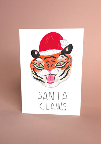 Tiger Christmas Card - Santa Claws - Funny Visual Pun, Merry Christmas, Santa Claus, Cute Tiger Illustration, Happy Holidays, Festive - Fernandes Makes