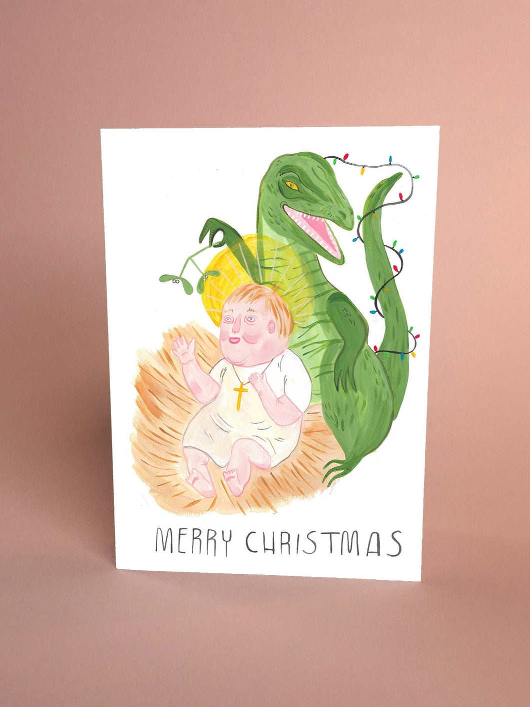 Merry Christmas Card - Jurassic Jesus - Dinosaur Painting, Illustrated Card, Mistletoe, Christmas Lights, Happy Holidays, Festive, Funny - Fernandes Makes