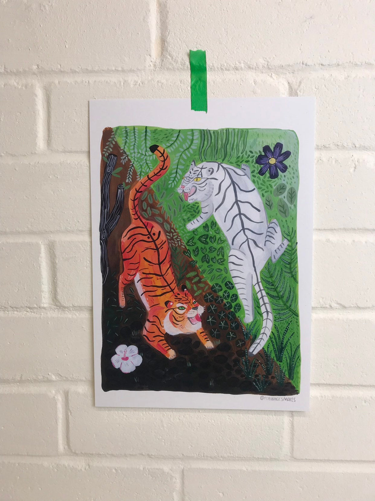 Yin and Yang Tigers Print - Fun, Motivational Art Print, White Tiger Illustration, Jungle Animals, Ancient Chinese Inspired Art, Nature - Fernandes Makes
