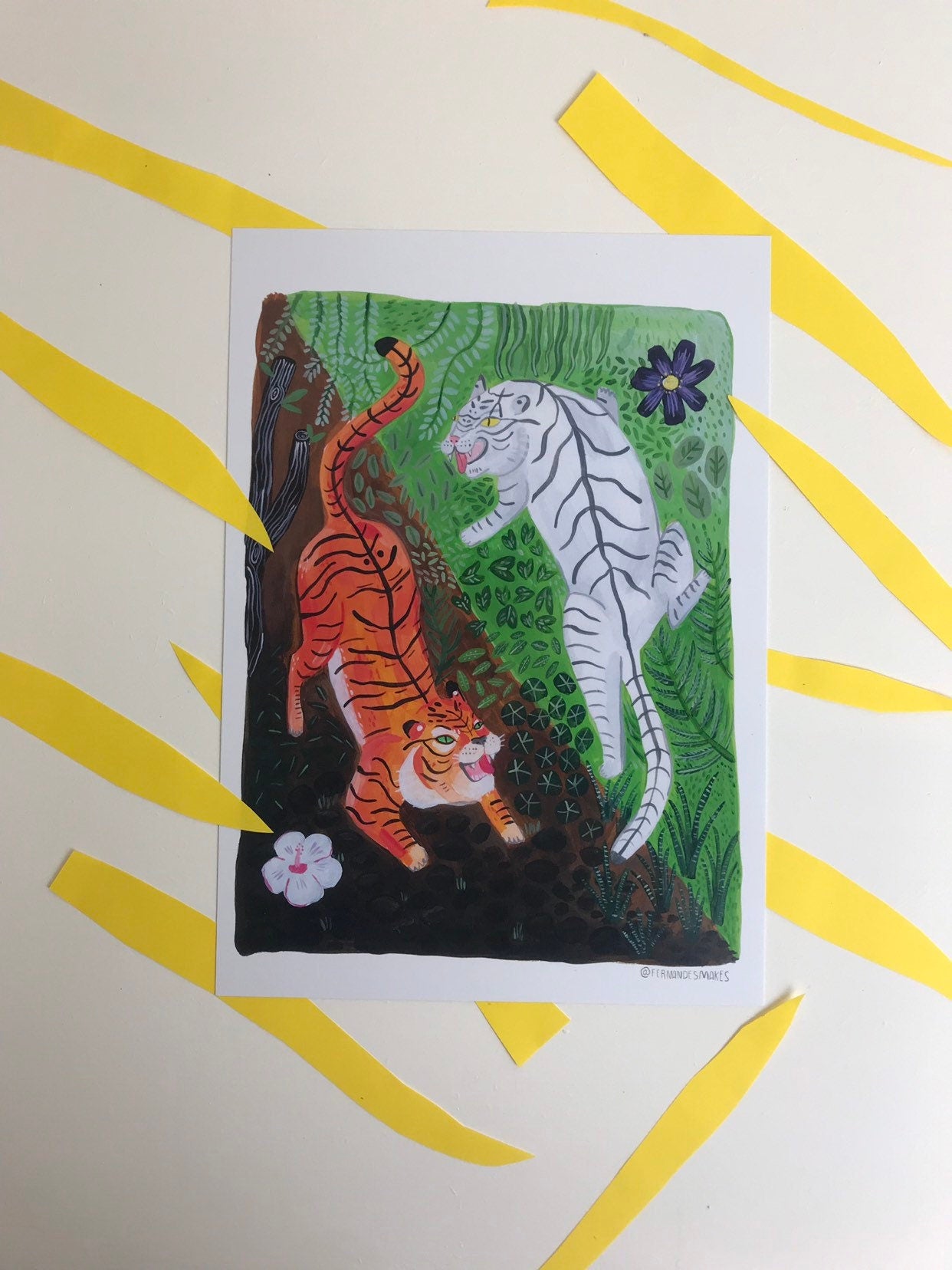 Yin and Yang Tigers Print - Fun, Motivational Art Print, White Tiger Illustration, Jungle Animals, Ancient Chinese Inspired Art, Nature - Fernandes Makes