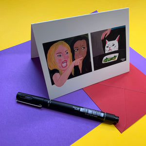 Yelling Woman and Angry Cat Greetings Card - Write your own MEME - Funny Illustrated Meme Card For Any Occasion, Blank Inside, Humour - Fernandes Makes