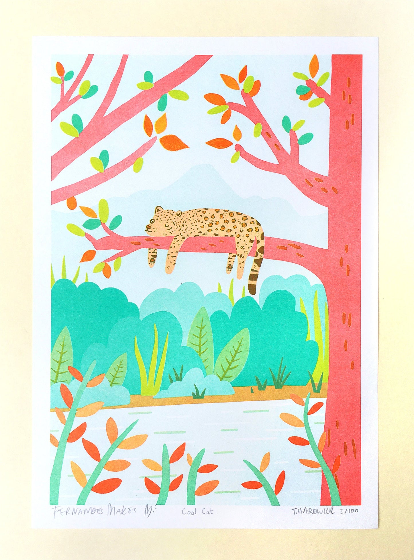 Sneaking in a nap - Cool Cat Jaguar RISO A4 Art Print - Limited Edition of 100. Collaboration with Fernandes Makes and Tom Hardwick - Fernandes Makes