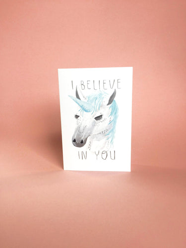 Unicorn Greetings Card - I Believe In You - Funny Visual Pun, Fantasy Animal, Blank Inside For Your Own Motivational Message, Magical Horse - Fernandes Makes