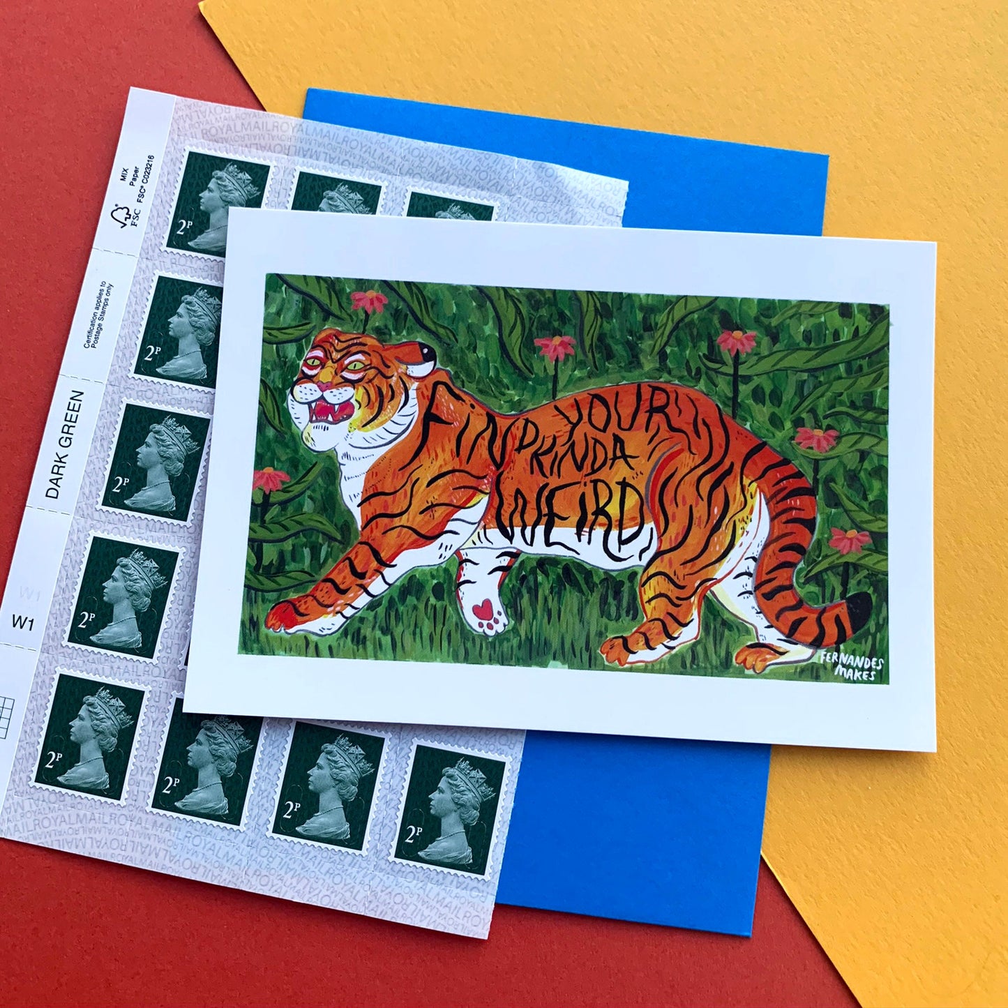 Tiger postcard - Find your weird - Postcard, Animal illustration, mini print, tiger painting print, Jungle cat - Fernandes Makes