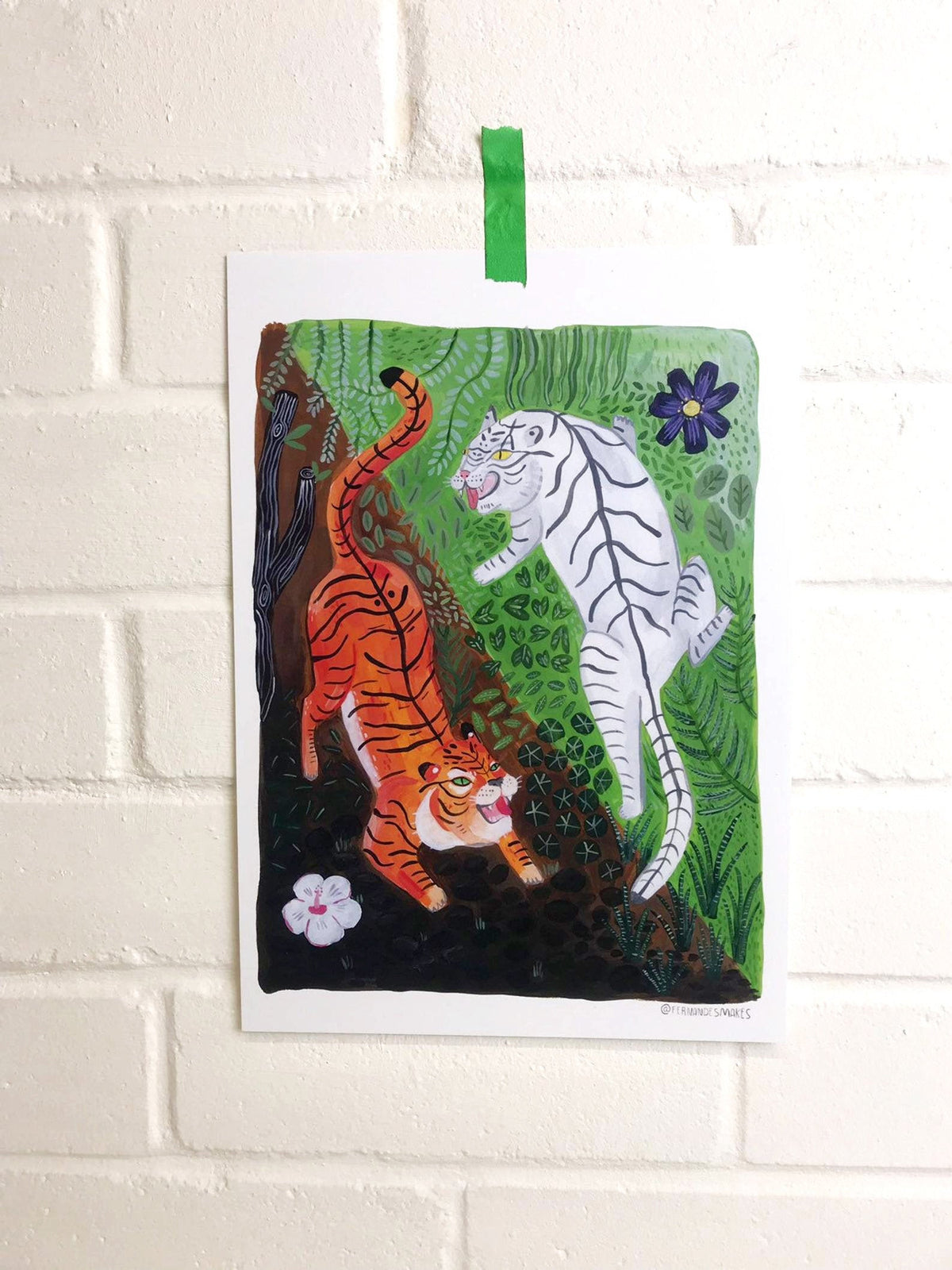Yin and Yang Tigers Print - Fun, Motivational Art Print, White Tiger Illustration, Jungle Animals, Ancient Chinese Inspired Art, Nature - Fernandes Makes