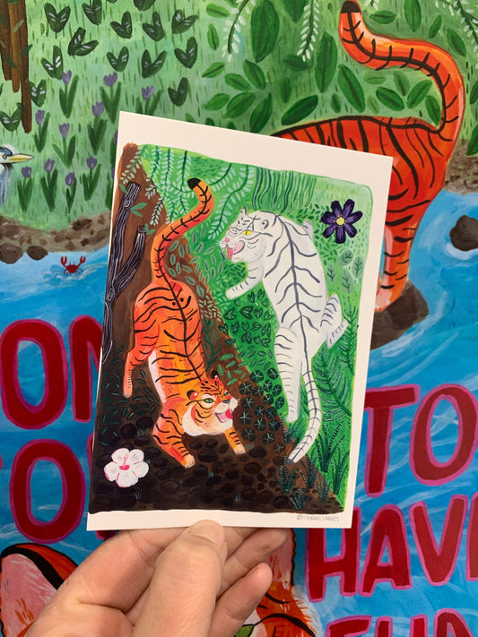 Yin + yang tigers fun illustration postcard A6 / mini art print - Fernandes Makes