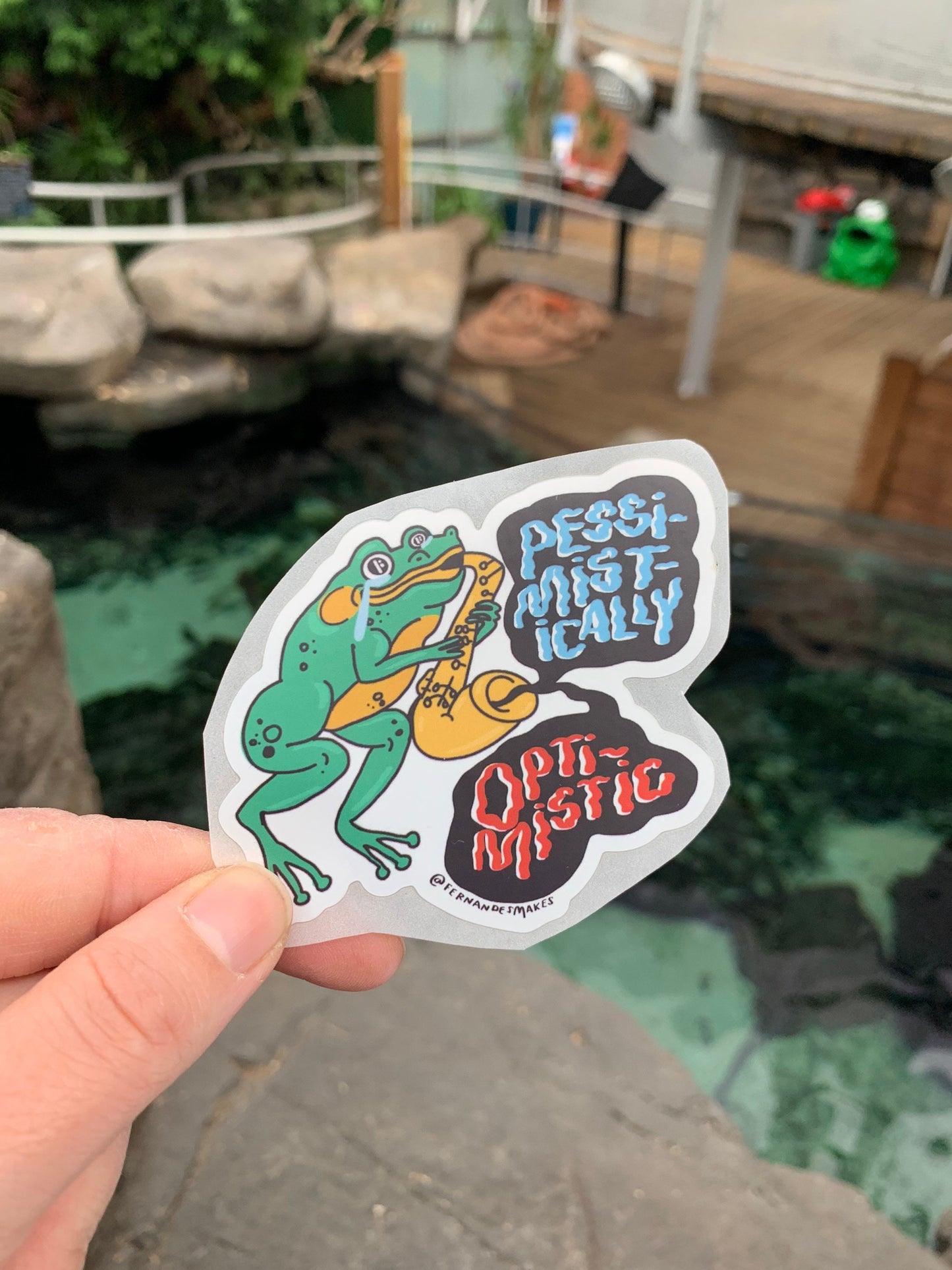 Pessimistically Optimistic saxophone frog Vinyl sticker - Laptop Decal, Lunchbox Sticker, Animal Illustration, Sad Frog Gift, iPad Sticker - Fernandes Makes