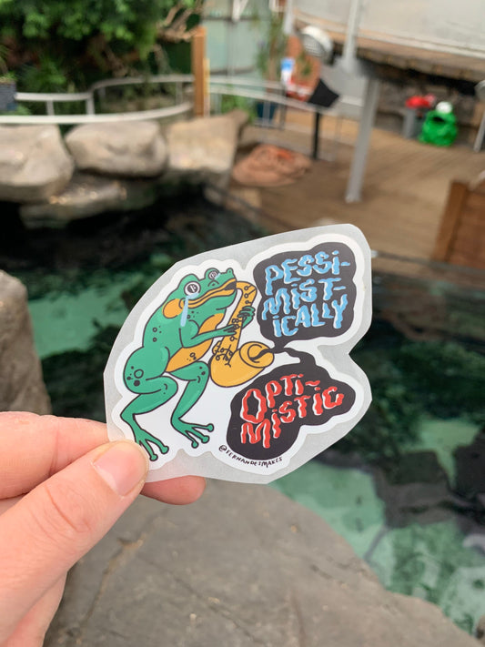 Pessimistically Optimistic saxophone frog Vinyl sticker - Laptop Decal, Lunchbox Sticker, Animal Illustration, Sad Frog Gift, iPad Sticker - Fernandes Makes