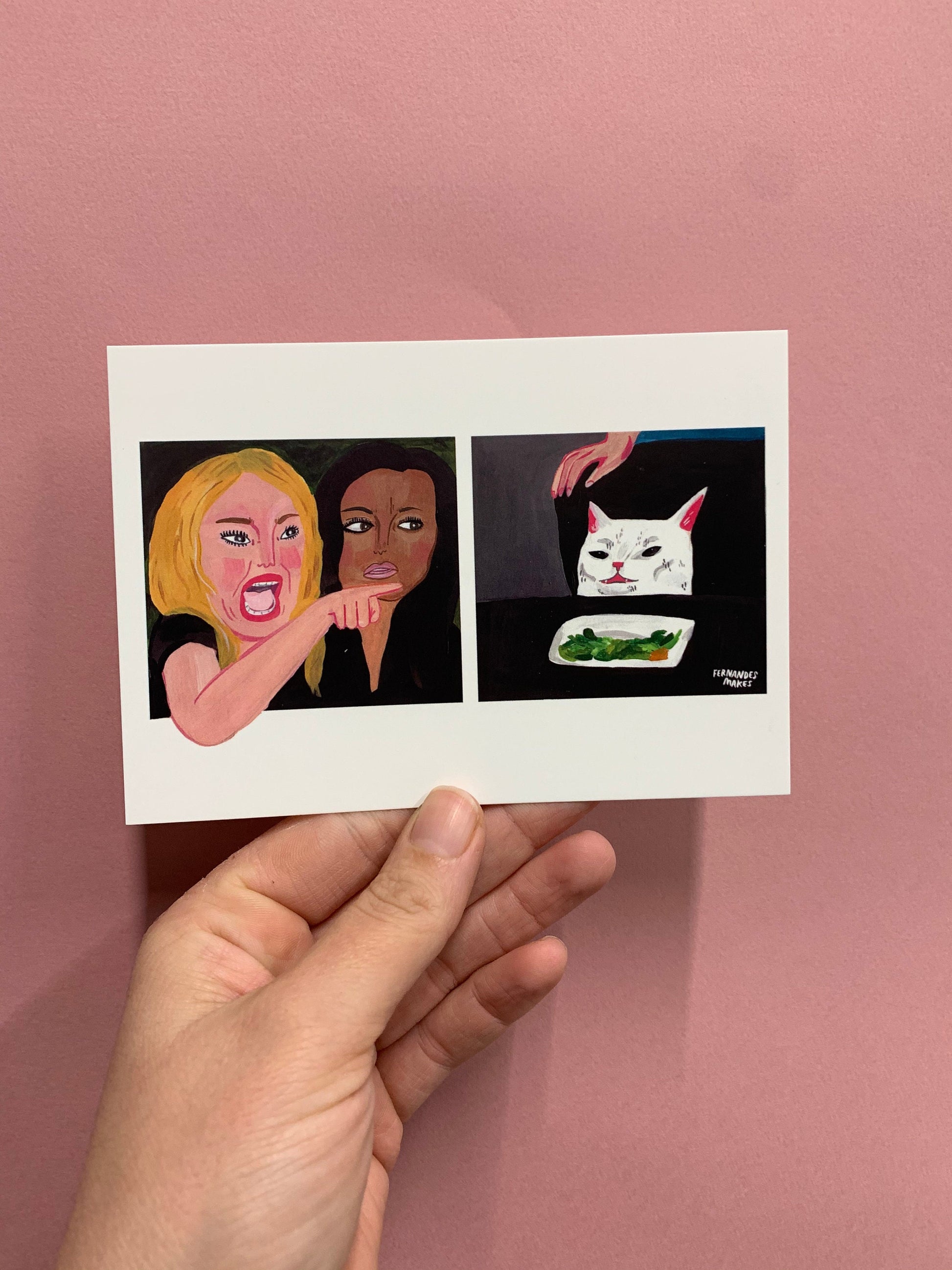 Yelling woman cat meme featuring smudge the cat postcard A6 mini art print - Fernandes Makes