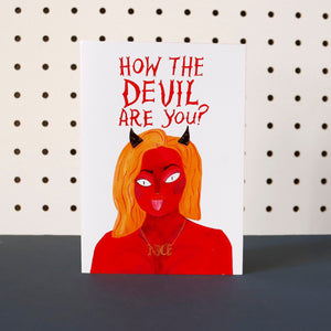 How the Devil Are You? - Greetings Card By Fernandes Makes - Naught and Nice, Cheeky Devil Illustration, Get Well Soon, Red, Checking In - Fernandes Makes
