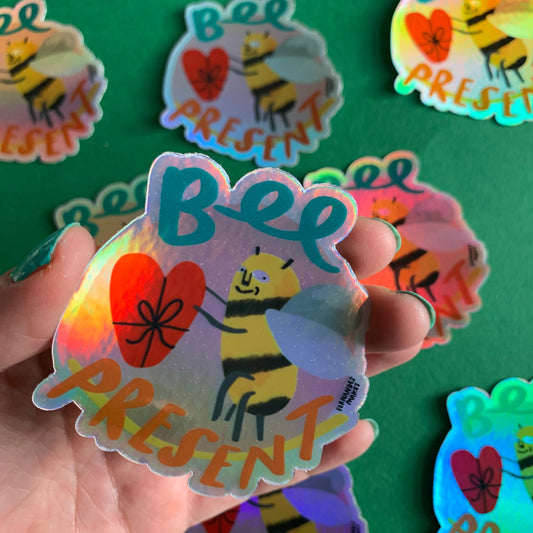 Holographic shiny BEE PRESENT Vinyl sticker - Laptop Decal, Lunchbox Sticker, Phone decal, Illustration, iPad Sticker - Fernandes Makes