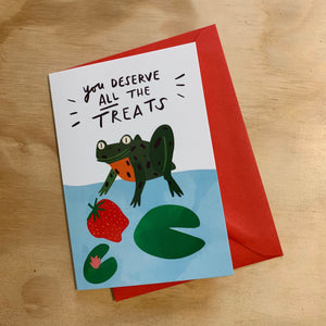 You deserve all the treats! - Happy frog and strawberry illustrated A6 Greetings card, well done and congratulations - Fernandes Makes