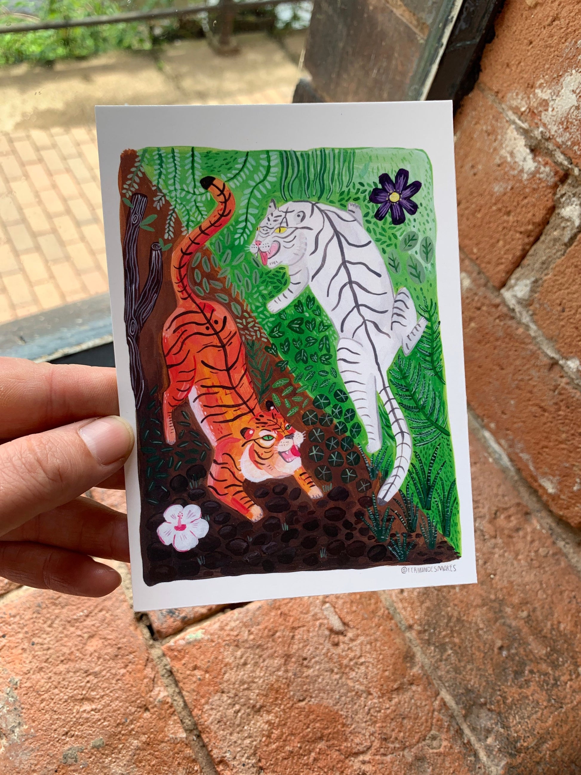 Yin + yang tigers fun illustration postcard A6 / mini art print - Fernandes Makes