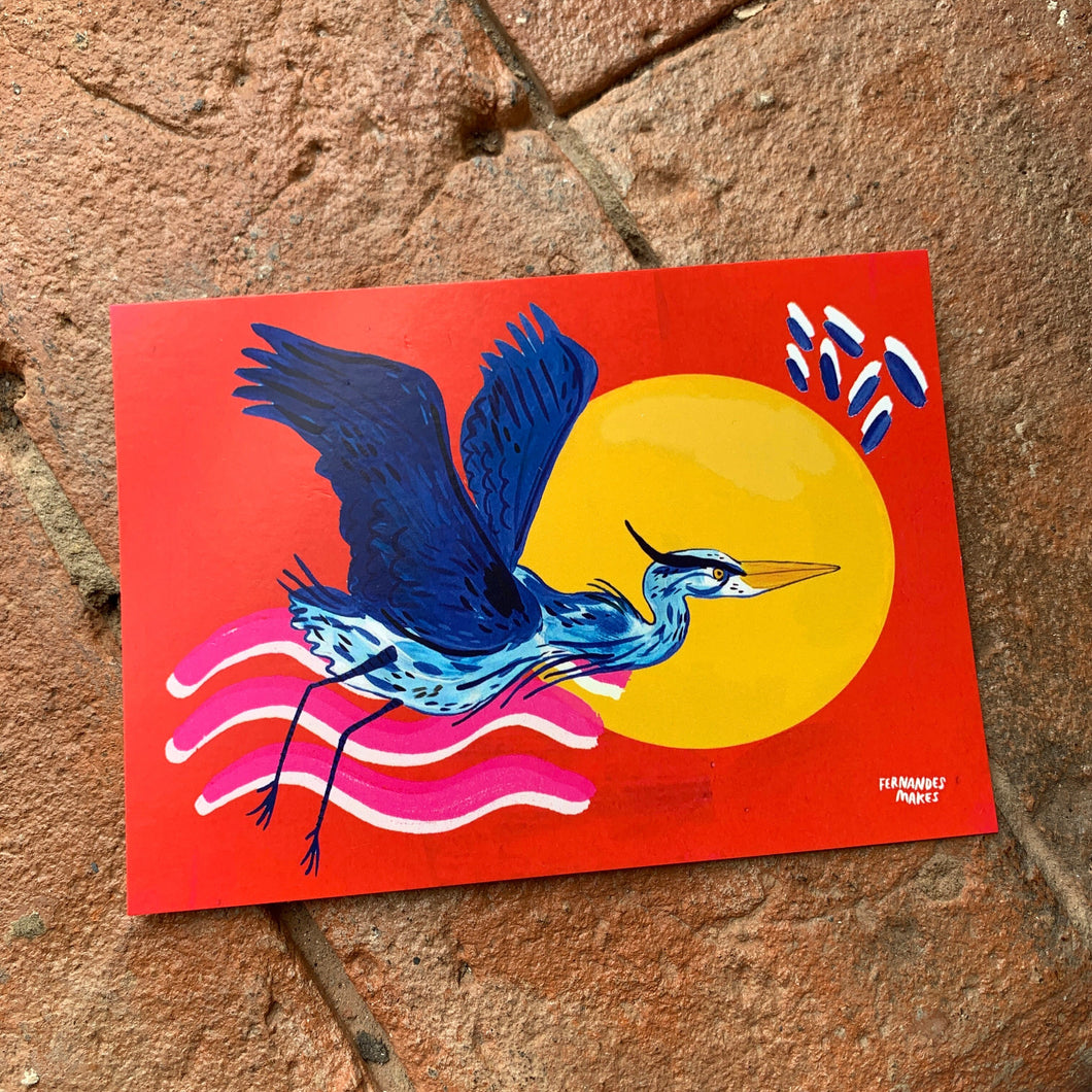 Heron flying into the sunset Japanese inspired art postcard A6 / mini art print - Fernandes Makes