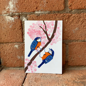 Pair of Blue tits in cherry blossom, wild bird illustration - A6 postcard, Mini art print - Fernandes Makes