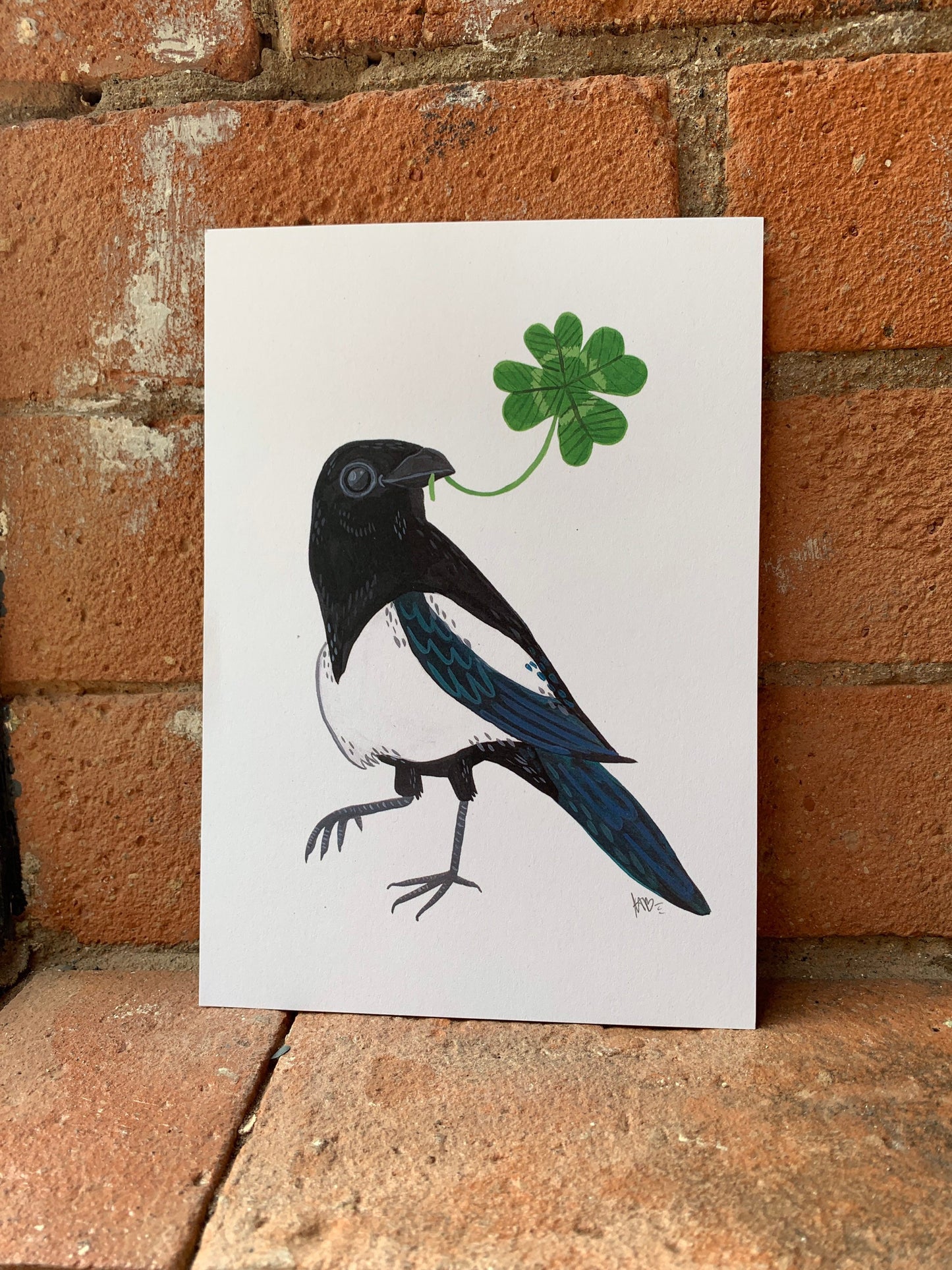 Lucky Magpie with four leaf clover, wild bird illustration - A6 postcard, Mini art print - Fernandes Makes
