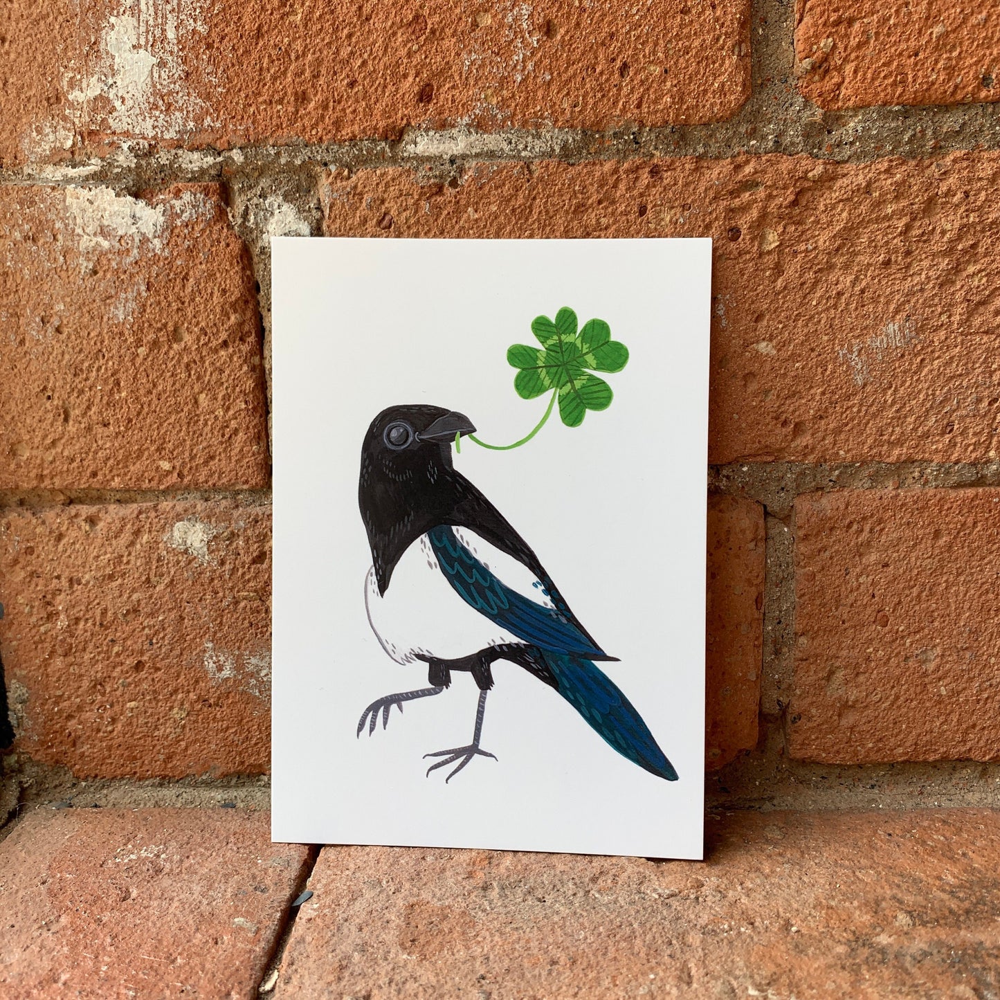 Lucky Magpie with four leaf clover, wild bird illustration - A6 postcard, Mini art print - Fernandes Makes