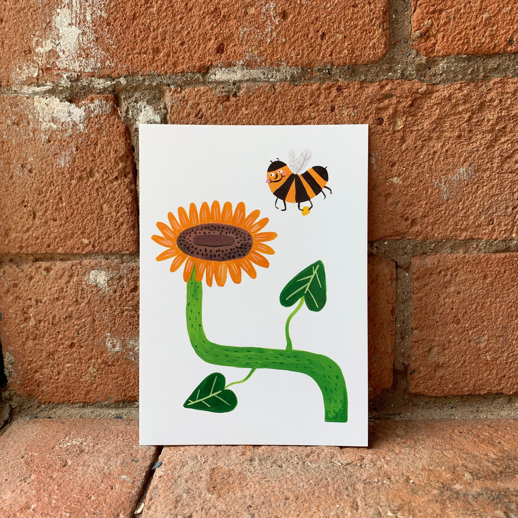 Happy pollen bee with sunflower illustration - A6 postcard, Mini art print - Fernandes Makes