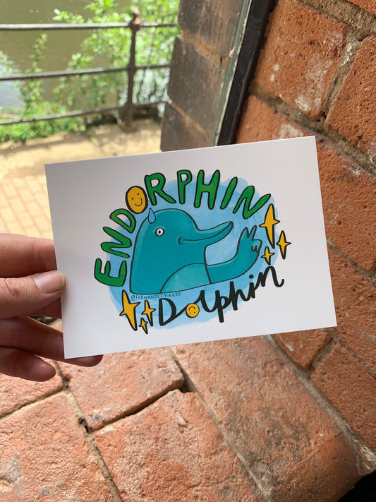 Endorphin Dolphin, wild mammal illustration, mildly motivational - A6 postcard, Mini art print - Fernandes Makes