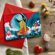 You're A Catch - Heron With Fish A6 Greetings Card - Bright and Colourful Bird Illustration, Funny Visual Pun, Animal Art, Love, Valentines - Fernandes Makes