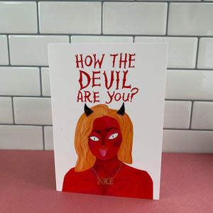 How the Devil Are You? - Greetings Card By Fernandes Makes - Naught and Nice, Cheeky Devil Illustration, Get Well Soon, Red, Checking In - Fernandes Makes
